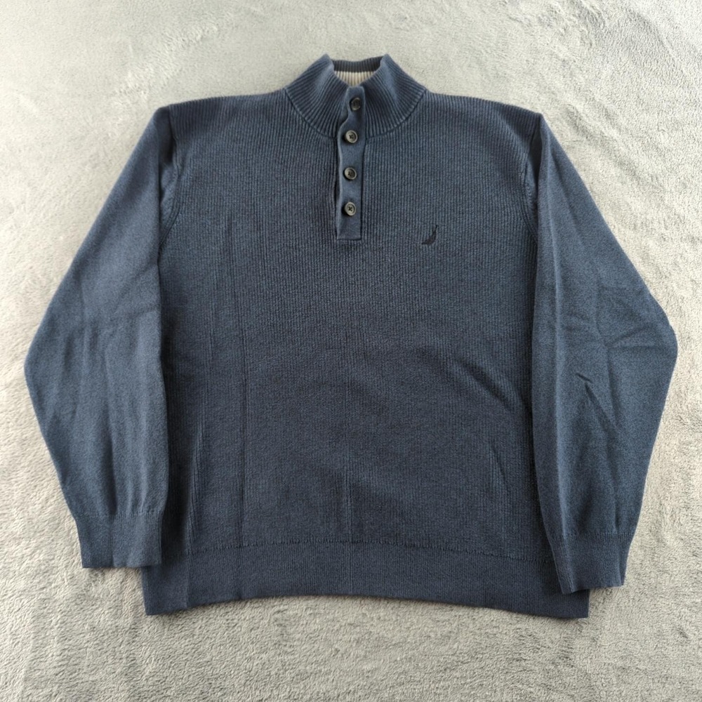 Nautica Sweater Mens XL Blue Button Mock Neck Pullover Cotton Knit Casual Logo